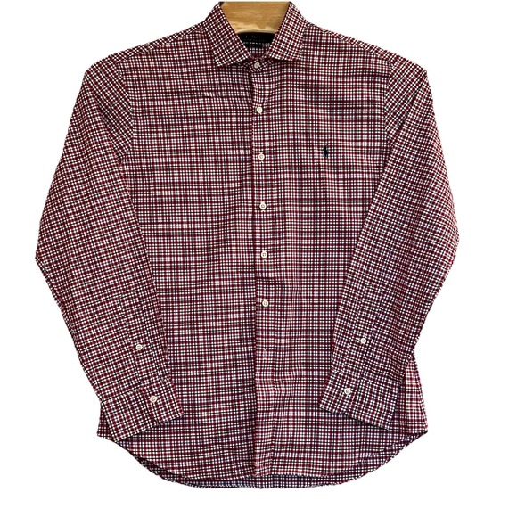 Polo Ralph Lauren Men's XL/TG Dark Pink Plaid Slim Fit Long Sleeve Blue Pony - Picture 2 of 6